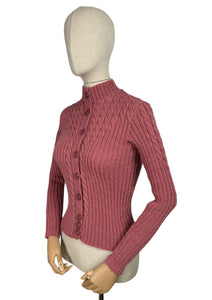 Reproduction 1930's Cable Knit Cardigan with Long Sleeves in Old Pink - Bust 35