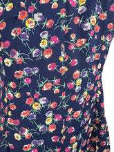 Load image into Gallery viewer, Original 1940's Navy Blue Crepe Long Sleeved Day Dress with Floral Print in Pink and Purple
