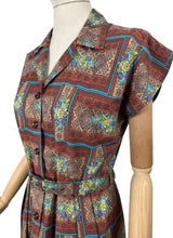 Load image into Gallery viewer, Original 1950&#39;s Brown, Blue and Green Belted Cotton Day Dress - Bust 36

