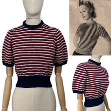 Load image into Gallery viewer, Reproduction 1940&#39;s Hand Knitted Jumper in Red, White and Blue Stripes - Bust 34
