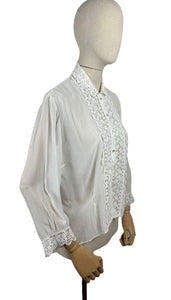 Vintage 1970's 1980's White Chiffon Blouse with Lace Bodice and Cuff Trim - Bust 38 40