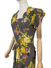 Load image into Gallery viewer, Original 1940's Dark Grey Floral Print Pink and Mustard Crepe Day Dress with Peplum - Bust 34 35 *

