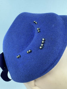 Original 1950's Rich Purple Felt Bonnet Style Hat with Bow Trim and Paste Detail