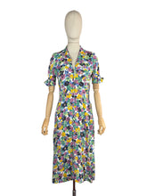 Load image into Gallery viewer, Original 1940's Bold Floral Crepe Day Dress in Pink, Green, Black and Yellow with Mother of Pearl Buttons - Bust 34

