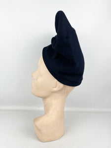 Incredible Original 1940's Midnight Blue Felt Turban Hat by Lincoln Bennett