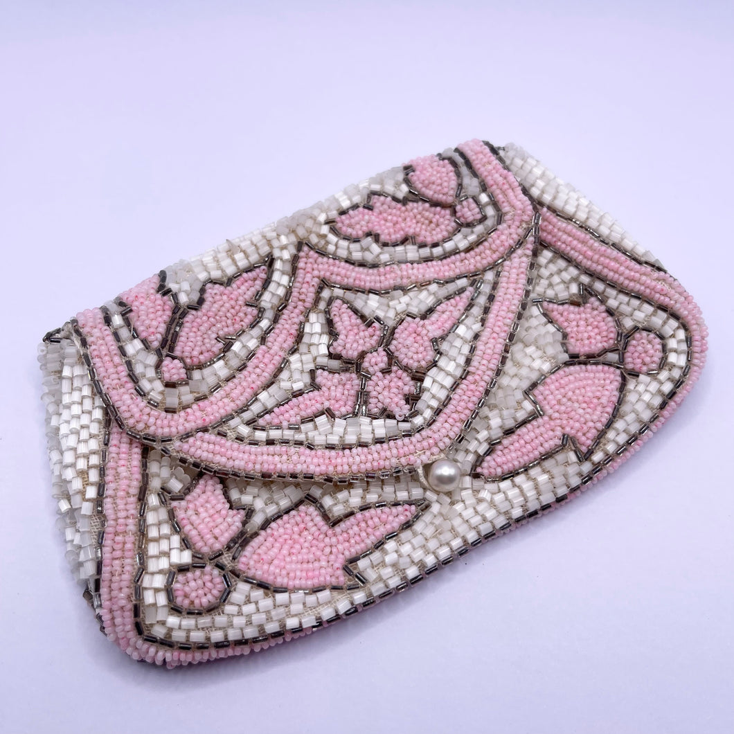 Original 1930's White, Pink and Silver Beaded Evening Bag - Pretty Purse with Mirror *
