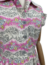 Load image into Gallery viewer, Original Late 1940&#39;s Ritchwear Floral Cotton Stripe Day Dress in White, Black, Pink, Yellow and Blue - Bust 37
