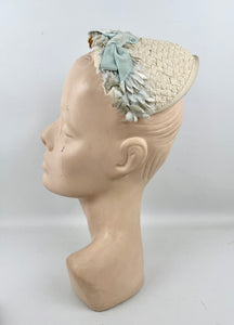Original 1950's Ice Blue and Ivory Lacquered Raffia Half Hat with Petal Trim and Velvet Bow