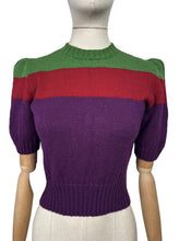 Load image into Gallery viewer, Reproduction 1940&#39;s Hand Knitted Three Colour Stripe Pure Wool Jumper in Green, Red and Purple - Bust 34 36
