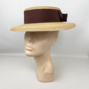 Original 1940’s Natural Straw Hat with Wide Brown Grosgrain Trim and Bow - Perfect Summer Hat