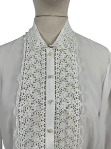 Vintage 1970's 1980's White Chiffon Blouse with Lace Bodice and Cuff Trim - Bust 38 40