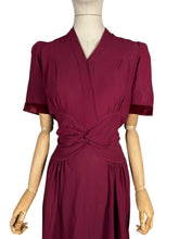 Load image into Gallery viewer, Original 1940's Burgundy Crepe and Velvet Belted Day Dress - Bust 36 38

