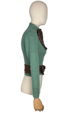 Load image into Gallery viewer, 1930&#39;s Reproduction Hand Knitted Long Sleeved Cardigan with Bow Trim and Spotted Belt in Green and Brown - Bust 32 34
