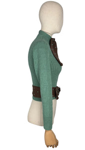 1930's Reproduction Hand Knitted Long Sleeved Cardigan with Bow Trim and Spotted Belt in Green and Brown - Bust 32 34