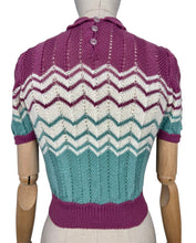 Load image into Gallery viewer, Reproduction 1940’s Hand Knitted Chevron Stripe Jumper in Sea Foam, Mauve and White - Bust 32 34
