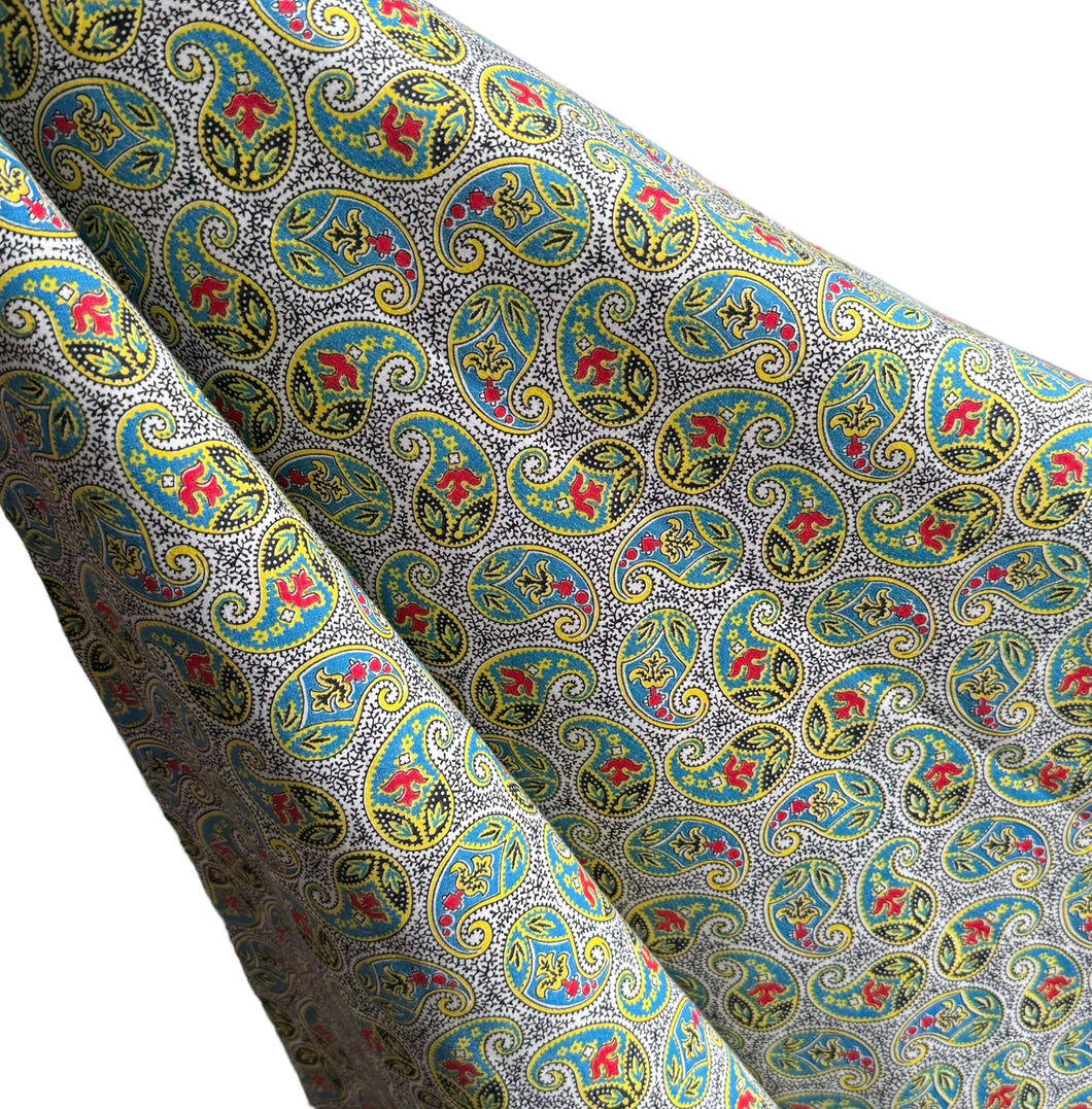 Original 1930's 1940's White, Black, Blue, Red and Yellow Paisley Print Cotton Dressmaking Fabric - 34