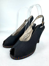 Load image into Gallery viewer, Original 1940's Inky Black Crepe Platform Evening Shoes with Paste Detail in Red, Blue, Yellow and Green - UK 4 *
