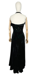 Original 1950’s Black Velvet Halterneck Full Length Evening Dress with Beaded Bodice - Bust 32 33