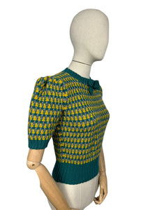 Reproduction 1940's Waffle Stripe Jumper in Teal, Mustard and Graphite Grey Knitted from a Wartime Pattern - Bust 36 38 40