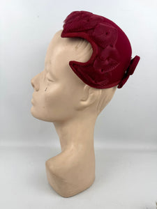 Original 1950's Burgundy Felt Hat with Bow Trim and Pleated Mesh Detail by Jacoll