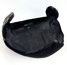 Load image into Gallery viewer, Original 1950’s Black Cotton Velvet Hat with Silver Glass Beads - Perfect Cocktail Hat
