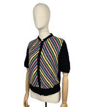 Load image into Gallery viewer, Original 1940&#39;s Black Chevron Stripe Cardigan in Boucle Wool in Yellow, Grey, Blue, Pink and Green - Bust 36 38
