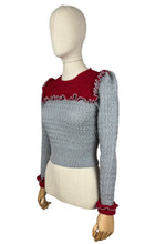 Load image into Gallery viewer, 1940s Reproduction Long Sleeved Jumper in Cherry Red and Light Grey with Frill Trim - Bust 34 36
