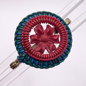 Original 1940's Red, Blue and Green Wartime Make Do and Mend Wire Brooch with Flower Button Middle
