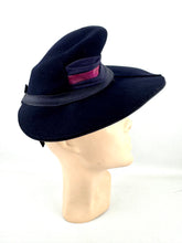 Load image into Gallery viewer, Original 1930&#39;s Midnight Blue Felt Hat with Crepe and Pink Velvet Trim - Classic Piece
