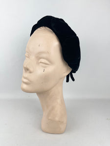 Original 1950's Black Velvet Close Fitting Hat with Bow and Petal Trim *