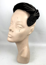 Load image into Gallery viewer, Original 1950’s Black Cotton Velvet Hat with Silver Glass Beads - Perfect Cocktail Hat
