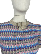 Load image into Gallery viewer, Reproduction 1940&#39;s Waffle Stripe Jumper with Bow Neck in Beige, Purple, Blue, Pink and Grey - Knitted from a Wartime Pattern - Bust 34 36
