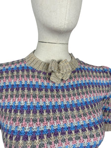 Reproduction 1940's Waffle Stripe Jumper with Bow Neck in Beige, Purple, Blue, Pink and Grey - Knitted from a Wartime Pattern - Bust 34 36