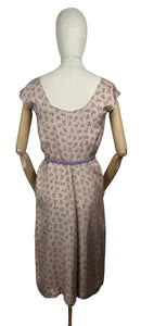 Original 1950's Pure Silk Squirrel Novelty Print Belted Wiggle Dress in Taupe and Purple - Bust 36