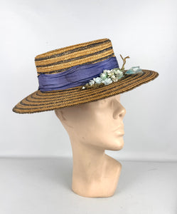 Original 1930's 1940's Blue Stripe Straw Hat with Floral Trim - Perfect Summer Hat *
