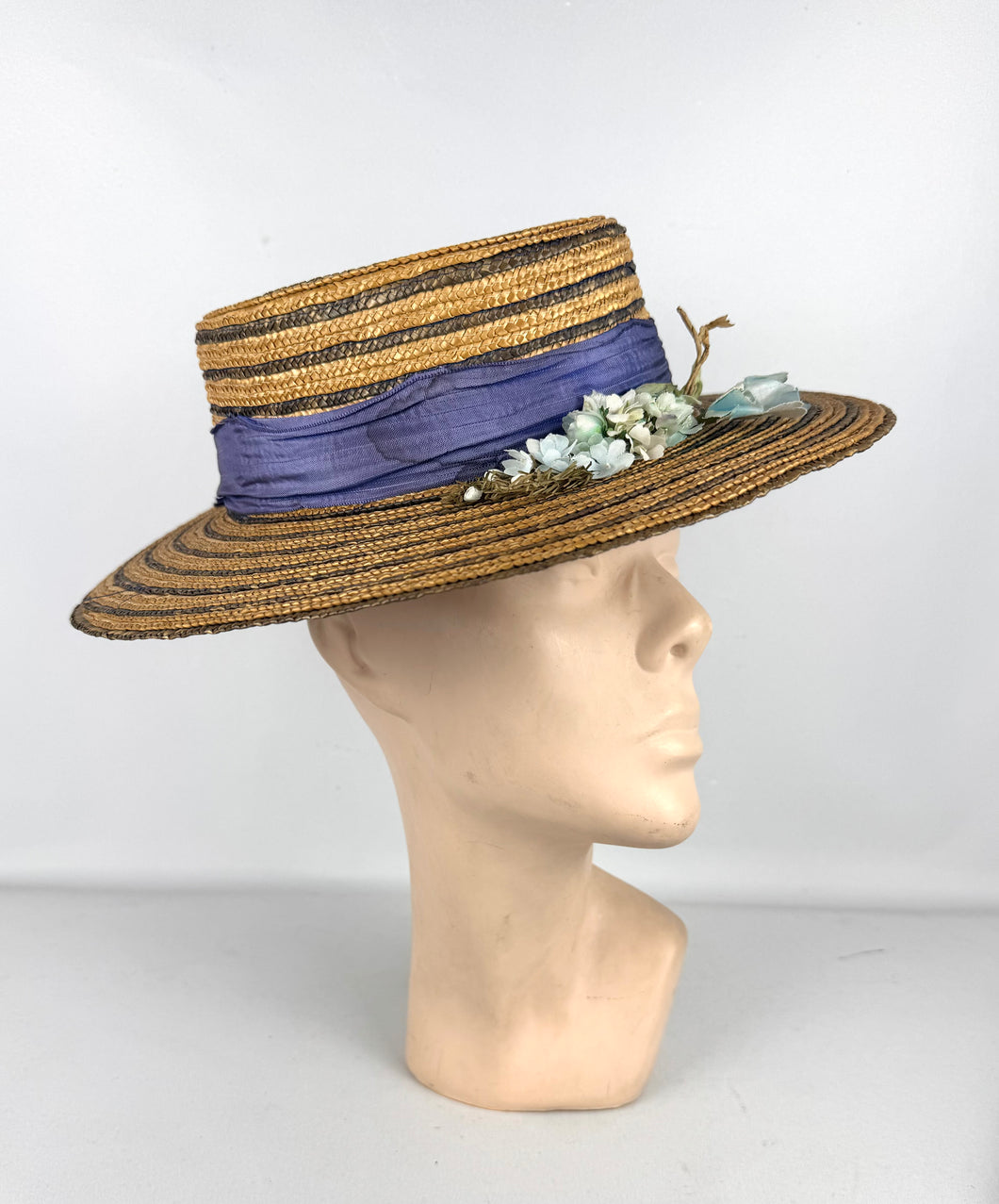 Original 1930's 1940's Blue Stripe Straw Hat with Floral Trim - Perfect Summer Hat *