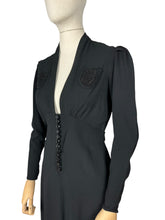 Load image into Gallery viewer, Original 1930&#39;s Long Sleeved Black Crepe Day Dress with Soutache Detail and Back Belt - Bust 34 *
