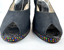 Load image into Gallery viewer, Original 1940's Inky Black Crepe Platform Evening Shoes with Paste Detail in Red, Blue, Yellow and Green - UK 4 *
