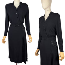Load image into Gallery viewer, Original 1940's Classic Black Crepe Belted Day Dress with Beaded Pocket Detail - Bust 35 36
