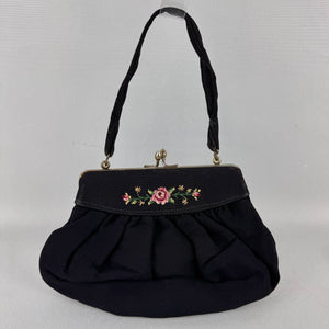 Original 1940's or 1950's Black Crepe Evening Bag with Rose Embroidery