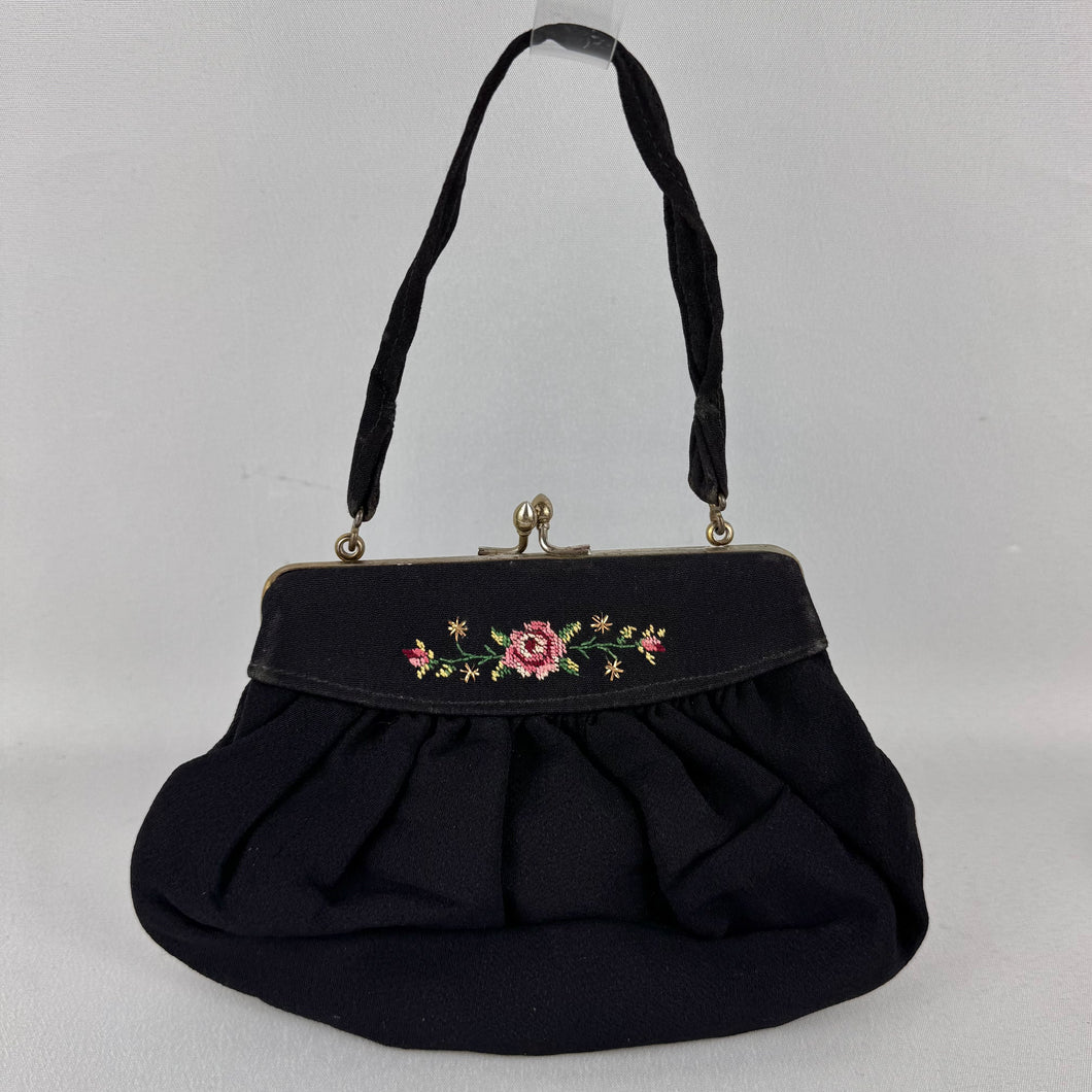 Original 1940's or 1950's Black Crepe Evening Bag with Rose Embroidery