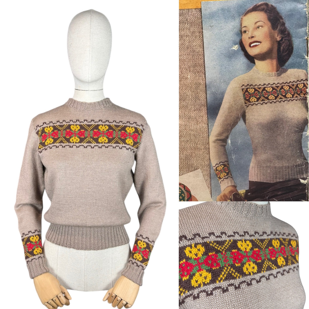 Reproduction 1950's Hand Knitted Fair Isle Long Sleeved Jumper in Pure Wool - Bust 36 38