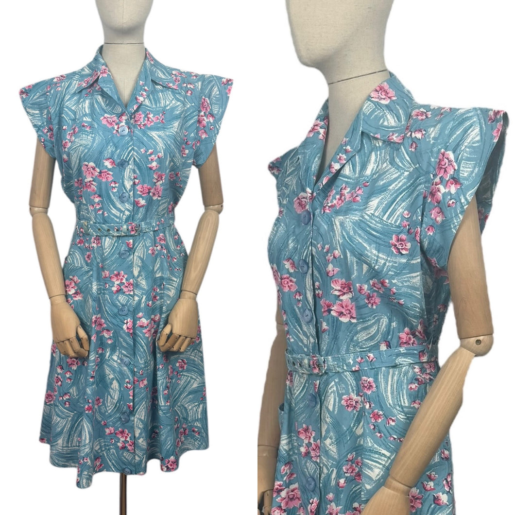 Original 1950’s Blue, Pink and White Belted Cotton Summer Dress - Bust 38