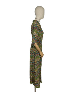 Original 1930's 1940's Green Crepe Day Dress with Floral Chevron Print in Red, Blue and Mustard