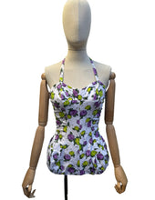 Load image into Gallery viewer, Original 1950’s Textured Cotton Swimsuit with Roses Print in Yellow and Purple - Bust 32 34
