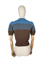 Load image into Gallery viewer, Reproduction 1940&#39;s Striped Jumper in Coffee Bean Brown and Dolphin Blue with Full Pull Sleeves - Bust 34 36
