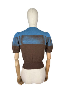 Reproduction 1940's Striped Jumper in Coffee Bean Brown and Dolphin Blue with Full Pull Sleeves - Bust 34 36