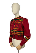 Load image into Gallery viewer, Late 1930&#39;s Reproduction Hand Knitted Long Sleeved Ski Jacket in Cranberry Red, Mustard Yellow, Bottle Green and Chocolate Brown Pure Wool  - Bust 36 37
