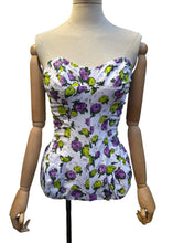 Load image into Gallery viewer, Original 1950’s Textured Cotton Swimsuit with Roses Print in Yellow and Purple - Bust 32 34
