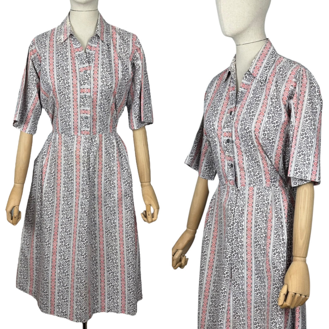 Original 1950’s Volup White, Grey and Pink Stripe Cotton Day Dress - Bust 44